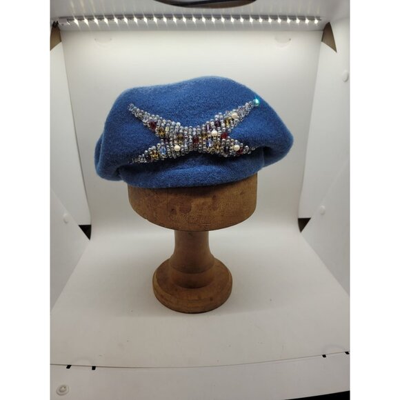 Accessories - Womens VTG Blue Wool Beret Beaded Embellishments 1980s Boho French Chic City